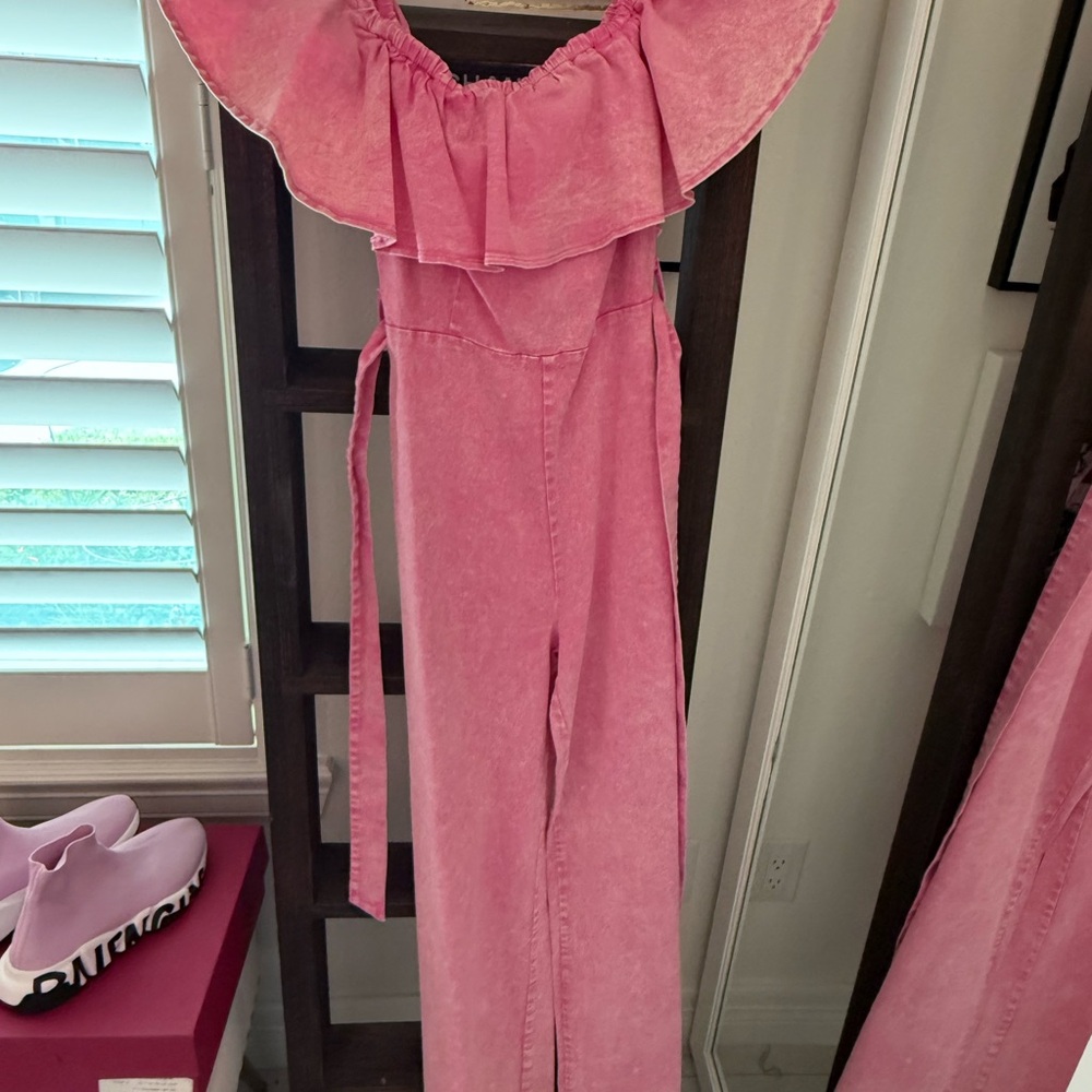 Flying Tomato Pink Ruffled Off-Shoulder Jumpsuit